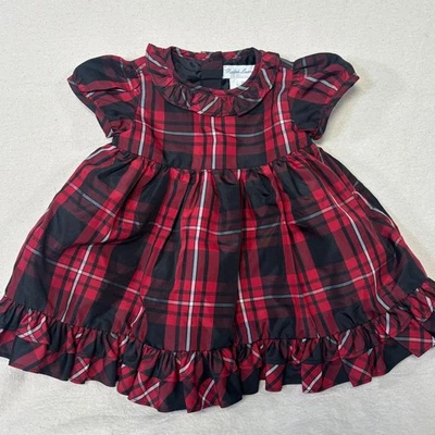 Ralph Lauren Baby Girl Dress 3M Red Black Plaid Ruffle Collar Holiday Party - Image 1 of 4