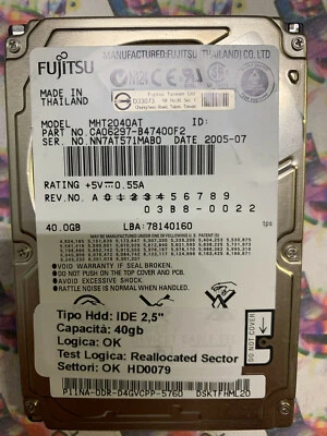 Hard Disk Usato IDE 2,5" 40GB FUJITSU MHT2040AT CA06297-B47400F2 78140160 2005-0 - Immagine 1 di 4