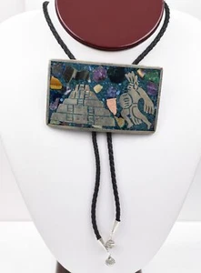 Elegant Sterling Silver Aztec Gemstone Bolo Tie Plaque, 83.1g True Stone & Cord - Picture 1 of 13