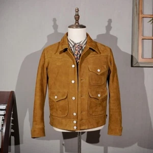 Mens American Casual Wild West Style Retro Rancher Jacket Suede Deerskin Leather - Picture 1 of 11