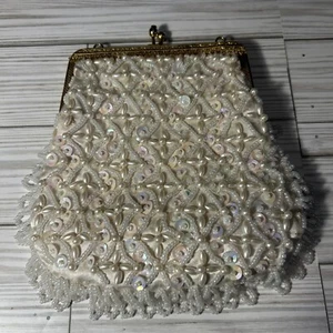 Bolso Cartera Vintage Blanco Cuentas Flecos Hong Kong. Falta cadena. Bodas - Imagen 1 de 6