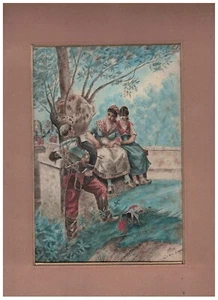 Flirt par Eugène EVRARD. Aquarelle originale XIXème Siècle. - Picture 1 of 1