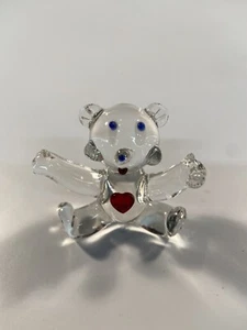 GLASS TEDDY BEAR FIGURINE WITH LARGE RED HEART Fenton Style - Picture 1 of 4
