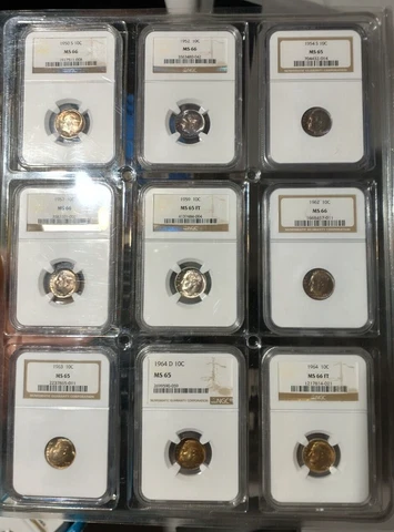 Rainbow/Toned Lot of 9 1950-1964 NGC MS Silver Roosevelt Dimes Cover