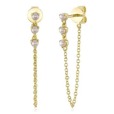14K Solid Yellow Gold Pearl Chain Earrings 2.3 MM - Image 1 of 4