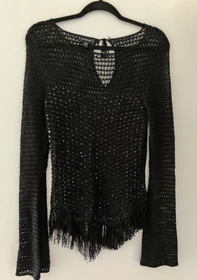 De Colección Bebe Manga Larga Tejido Abierto Crochet Cuentas Negras Lentejuelas Flecos Y2K Whitchy  Foto 1 de 4