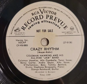 HEAR Coleman Hawkins Django Reinhardt Crazy Rhythm RCA Victor Vinyl WLP Promo 78 - Imagen 1 de 6