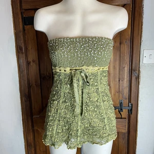 Top Ann Ferriday Vintage Y2K Verde Encaje Lentejuelas Cinta Hada Acampanado Sin Tirantes - Imagen 1 de 7