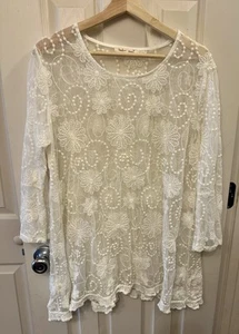 INDIGO SOUL LACE DRESS TUNIC TOP IVORY BOHO EMBROIDERED SIZE LARGE EUC - Picture 1 of 5