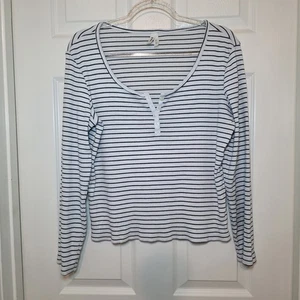 Pact Favorite Rib Henley Long Sleeve Top Size XL White Black Striped Shirt - Picture 1 of 11