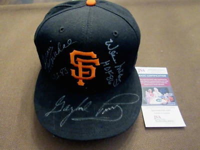 WILLIE MCCOVEY JUAN MARICHAL GAYLORD PERRY GIANT HOF SIGNED AUTO NEW ERA CAP JSA - Image 1 of 4