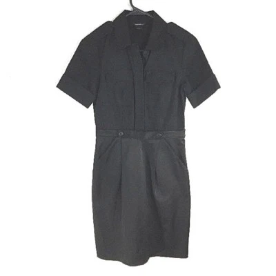 Club Monaco Dress 0 Black Shirt Satin Skirt Silk Trim Short Sl Pocket Button - Image 1 of 4
