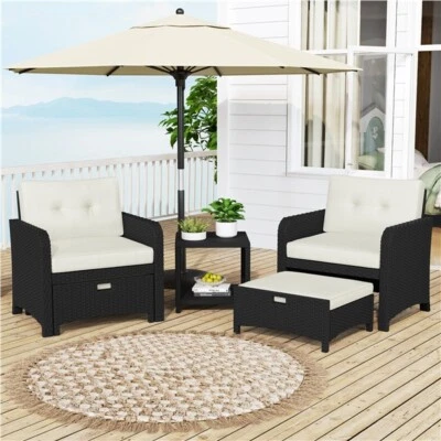 Juego de muebles de patio exterior de 5 piezas mesa auxiliar de ratán y 2 sillas y 2 otomanas Foto 1 de 4