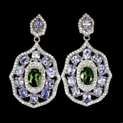 925 Sterling Silver Earrings Oval Chrome Diopside Tanzanite Gemstone Jewelry - Image 1 of 4