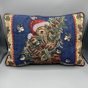 Tapestry Throw Pillow Christmas Teddy Bear Tree Birds Needlepoint Pillow 17x12 - Picture 1 of 16