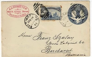 Cubierta 233 COLOMBIANA en U348 PSE 1893 MD a RUMANIA con REC - ¡UNA RAREZA DE DESTINO! - Imagen 1 de 2