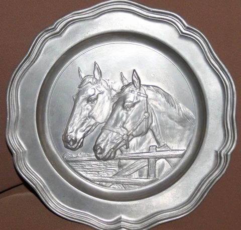 Vintage pewter wall decor plate horses Cover