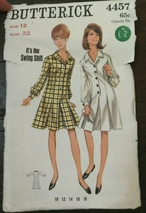 Butterick 4457 Vintage 60s Dress Shirtdress Buttons Pleats Sz 12 Bust 32 Uncut - Picture 1 of 5