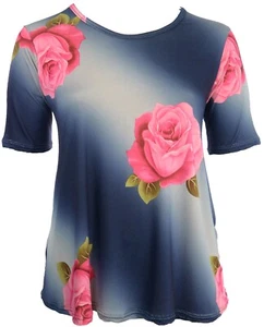 T-shirt blu stampa floreale girocollo elasticizzata swing top manica corta donna - Foto 1 di 2