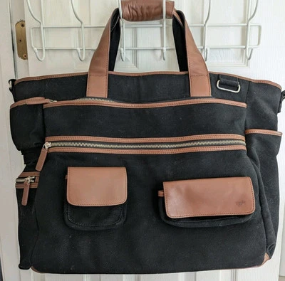 Levenger Black Canvas Brown Leather Trim Weekender Overnight Travel Bag XL - Image 1 of 4