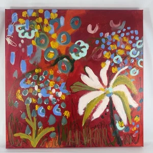 Arte Original Abstracto Pintura Floral Acrílico Colorido Lienzo 20”x20” Rojo Feliz - Imagen 1 de 10