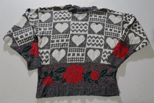 HOT ANACARDI maglione donna rose motivo cuori acrilico anni 90 made in USA VINTAGE *DIFETTO - Foto 1 di 6