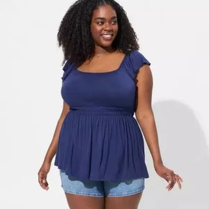 Top Babydoll Torrid Súper Suave Cuello Cuadrado Cintura Cintada Talla Grande 2X Azul Marino - Imagen 1 de 11