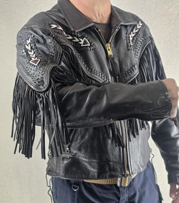 复古皮革轰炸机夹克女式 16 黑色阿兹特克条纹原生串珠西南 — 第 1/4 张图片