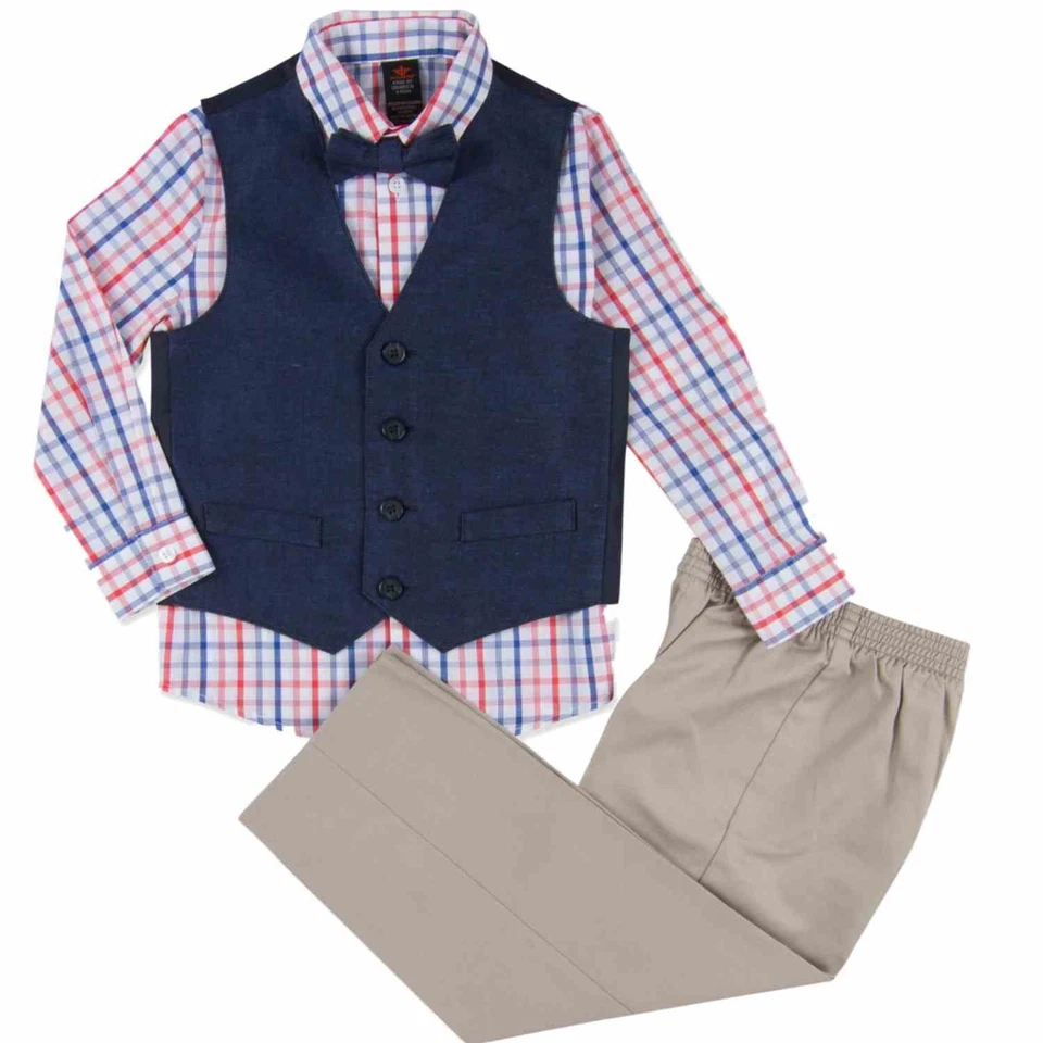 男孩 4 件装扮套装红色白色和蓝色格子衬衫,领结,背心和裤子 — 第 1/1 张图片