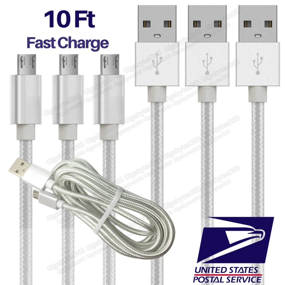 3 PACK 10Ft Extra Long Micro USB Cable Fast Charge Android Charger Charging Cord - Image 1 of 4