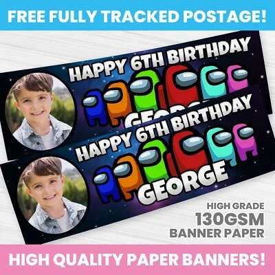 PERSONALISED AMONG US BIRTHDAY BANNER ANY NAME PHOTO PARTY BANNERS - Image 1 of 3