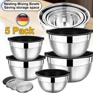 5Stk Schüssel mit Deckel Silikon Edelstahl Rühr Salat Servier Teig Schalen Set - Bild 1 von 17