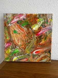 Acrylbild auf Leinwand 30x30cm Neon Farben NEU Original Moderne Kunst Pouring - Bild 1 von 2