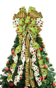 Large Christmas Tree Topper Bow Green Red Ribbon Decor Holiday Glitter Streamers - Picture 1 of 2