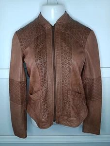 Sundance Lamb Leather Jacket Women Size 6 Brown Perforated Floral Boho EUC - Picture 1 of 8