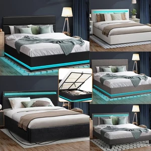 Oikiture Bed Frame Queen Double King RGB LED Gas Lift Storage Base - Picture 1 of 160