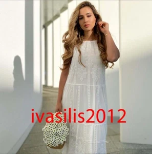 ZARA NEW WOMAN LONG EMBROIDERED TULLE DRESS STRAPPY OYSTER WHITE S,M,L 5039/052 - Picture 1 of 3