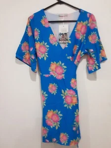 Milan Kiss Wrap Dress Womens Size Large Blue Floral Flare Sleeve New Tag - Bild 1 von 11