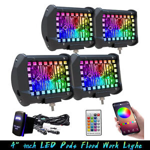 4x 4INCH LED Work Cube Pods Flood Pods with RGB Halo Driving Fog Lamp Offroad
