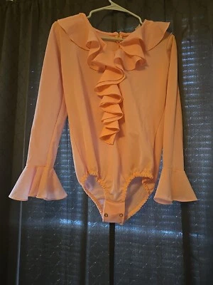 Vintage 80s 90s Pink Ruffle Bodysuit Long Sleeve Snap Crotch Medium - Image 1 of 4