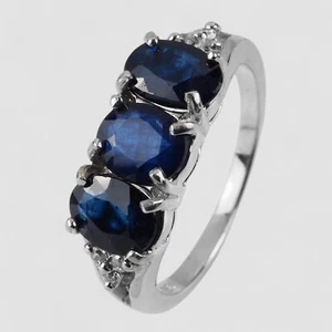 RARE! Royal Blue Sapphire Three Stone 925 Sterling Silver White Gold Plated Ring - Picture 1 of 8