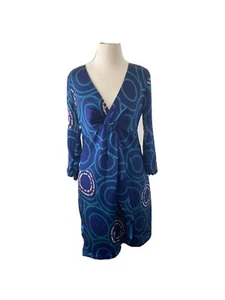 TRINA TURK SILK DRESS - SIZE 4 - NAVY TEAL PINK IVORY - MADE IN USA - DRAPED - Picture 1 of 11