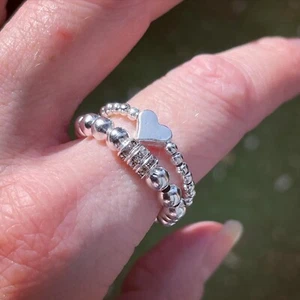 heart diamanté silver beaded stacking rings - Picture 1 of 2