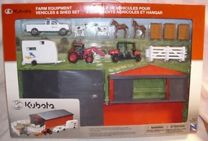 NEW RAY KUBOTA FARM EQUIPMENT VEHICLES & SHED SET MODEL TOYS BOXED NEW - Picture 1 of 3