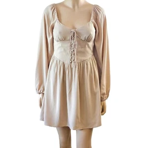 Long Puff Sleeve Dress Lace-up tie Smocked Lined NWT - Picture 1 of 9