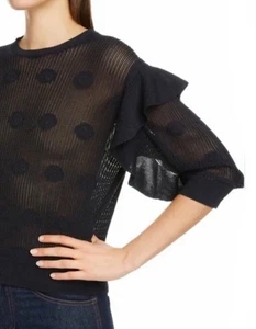 New $1150 CHLOE Ruffle Sleeve Open Knit Floral Pattern Top Navy sz L - Picture 1 of 12