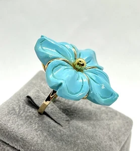 Anello In Oro 14kt Cammeo A Fiore In Pasta Di Turchese Sfioccato-Fatto A Mano - Picture 1 of 6