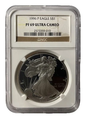 1996-P Proof $1 American Silver Eagle NGC PF69UC Classic Brown Label - Image 1 of 2