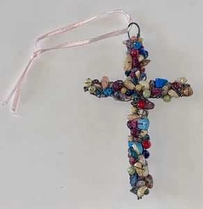 Vintage Wire Wrapped Glass Beads & Stones Wall Hanging  Cross- Religious 5”x 3” - Picture 1 of 7