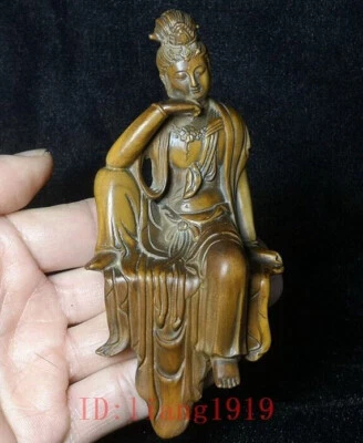 Estatua de Buda Avalokitesvara Kwan-Yin china antigua de boj tallada a mano H de 5 pulgadas Foto 1 de 4